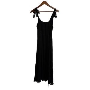 Single Thread Midi Dress Womens Medium Black Excellent Tie Shoulder Gauze Tiered